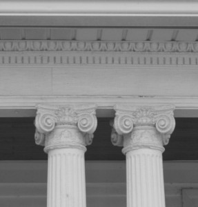 The Ionic columns, with cornice, capital, and frieze supporting the porch roof of Ingham's family home.