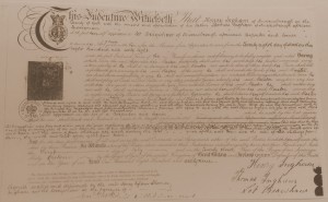 Ingham's certificate of indentureship as apprentice to Lot Brayshaw, carpenter and joiner of Knaresborough, 23 July 1868.